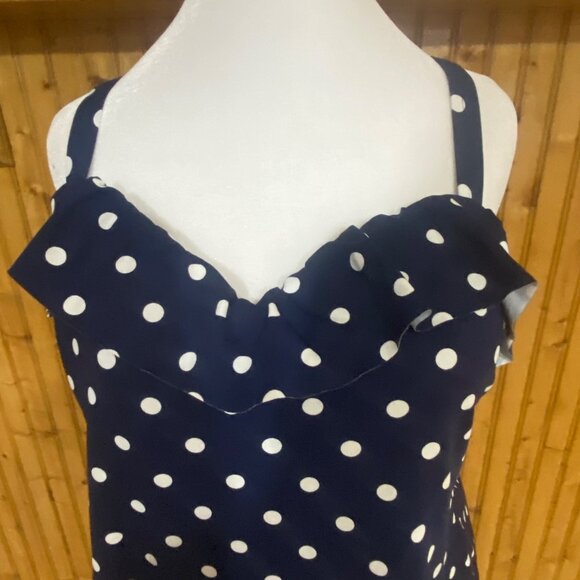 Lands End Tankini Swim Top Womens Size 18W Navy Polka Dot Ruffle Beach Resort C - Picture 3 of 14